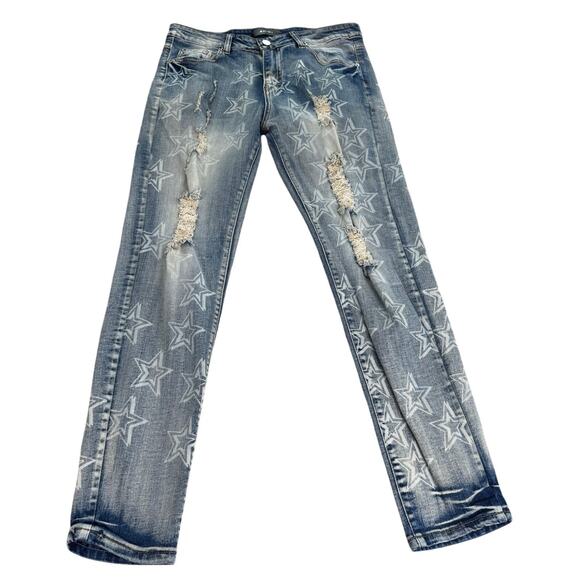 Amiri "Stars" Blue Distressed Denim Jeans Pants Size 32